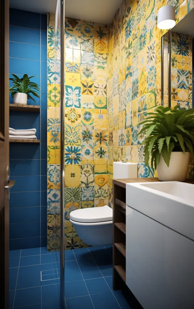 salle de bain bleue et jaune avec carreaux de ciments