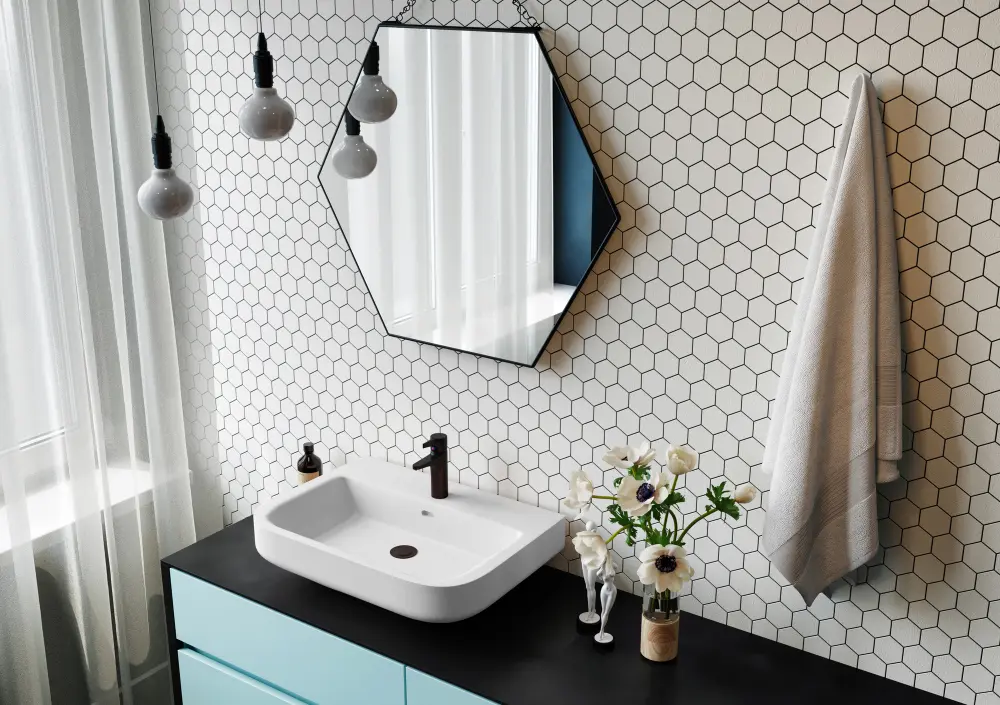 salle de bain avec carrelage hexagonal blanc