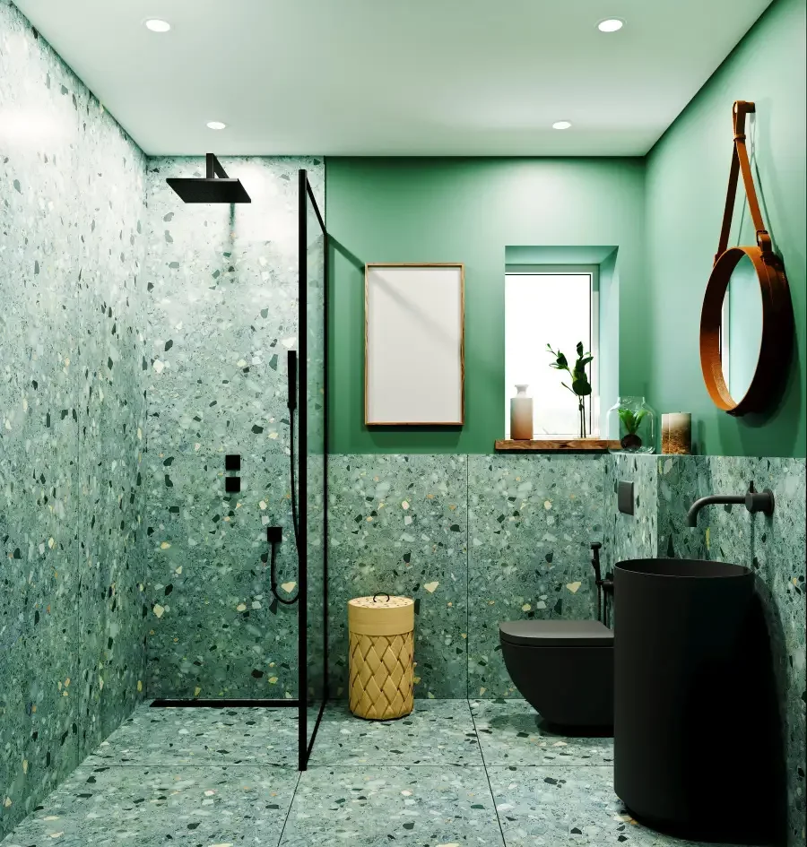 salle de bain moderne avec du carrelage terrazzo vert