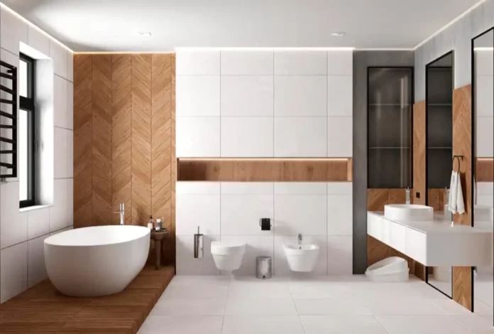 salle de bain avec carrelage effet bois