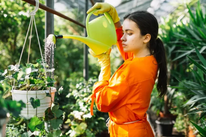 femme arrosant ses plantes dans un jardin d'hiver