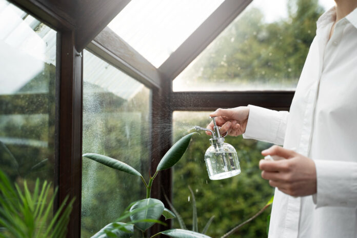 femme prenant soin des plantes de son jardin d'hiver